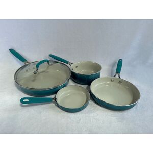 The Pioneer Woman Frying Pan Set of Four Pans Teal, Sauce Pot, Ceramic EUC